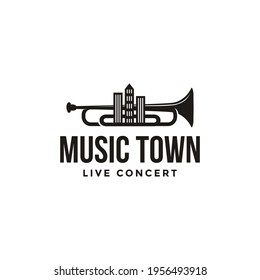 Creative Music of the town logo template, with trumpet and skyscraper building of the town vector icon on with background