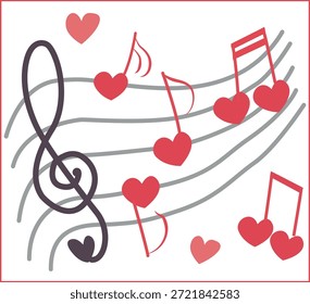Equipe musical criativa com notas em forma de corações vermelhos e uma clave aguda. Conceito para música de amor, música romântica ou comemoração do Dia dos Namorados.