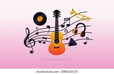 Creative Musical Treble Clef Collage with Guitar, Piano, Play, and Clef Collage Elements. Design Concept for Music Banner, Background, Wallpaper, Poster.