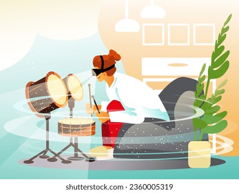 Creative musician playing drums in virtual reality. People in virtual reality, playing music concept. Flat vector illustration in cartoon style in blue and yellow colors