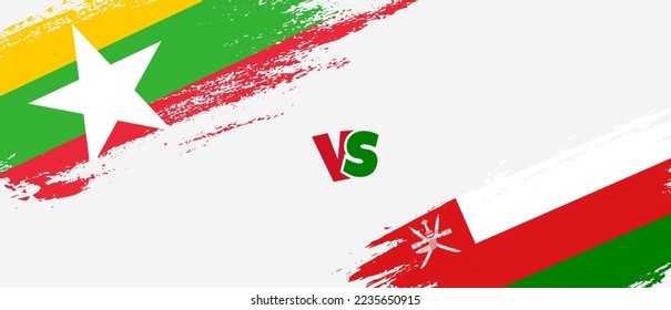 Creative Myanmar vs Oman brush flag illustration. Artistic brush style two country flags relationship background