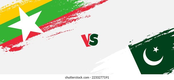 Creative Myanmar vs Pakistan brush flag illustration. Artistic brush style two country flags relationship background