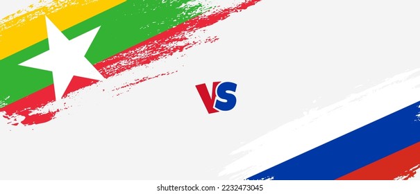 Creative Myanmar vs Russia brush flag illustration. Artistic brush style two country flags relationship background