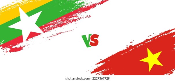 Creative Myanmar vs Vietnam brush flag illustration. Artistic brush style two country flags relationship background