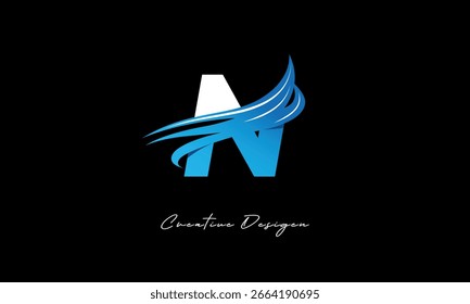 Logotipo com letra inicial Creative N com elementos de onda azul. Design moderno de marca criativa sobre fundo preto