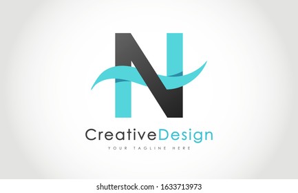 Creative N Letter Logo Design with Water Splash Ocean Blue Wave Vector Icon Symbol Illustration.