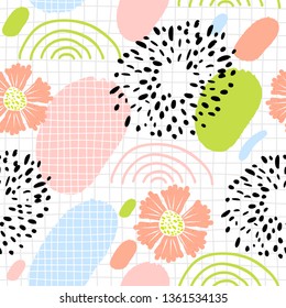Creative naive collage. Abstract seamless pattern with colorful elements. Trendy simple geometric shapes. Vector texture for textile, postcard, presentation, wrapping paper, packaging etc.