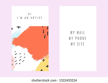 Creative namecard with handmade abstract textural background. Vector design in pastel colors