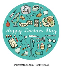 Creative national Doctor's Day greeting card. Cute cartoon set of laboratory equipments. Medical vector illustration isolated on white. All objects organized in groups for easy editing.