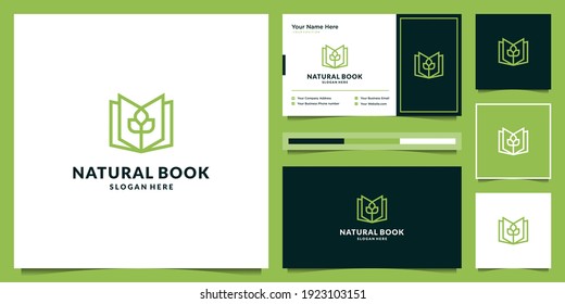 Creative natural book with line art style, minimalist logo design template and business card.