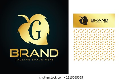 Logotipo creativo de oro natural Leaf usando la letra alfabeta G con patrón dorado y variación de logotipo para diseño de marca para moda, joyería, ornamento, marcas boutique
