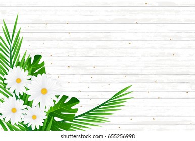 Creative natural layout tropical flowers and green leaves on background texture.Nature concept .Vector illustration

