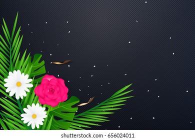 Creative natural layout tropical flowers and green leaves on background texture.Nature concept .Vector illustration
