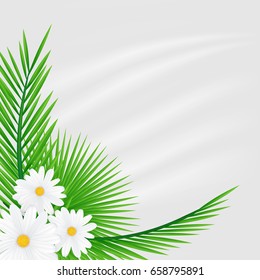 Creative natural layout tropical flowers and green leaves on fabric texture.Nature concept. Vector illustration
