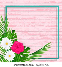 Creative natural layout tropical flowers and green leaves on background wood texture.Nature concept. Vector illustration