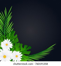 Creative natural layout tropical flowers and green leaves on background texture.Nature concept. Vector illustration
