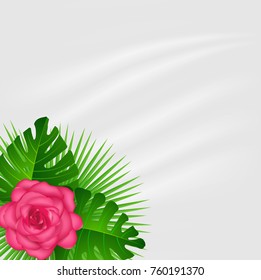 Creative natural layout tropical flowers and green leaves on fabric texture.Nature concept. Vector illustration