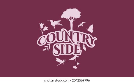 Creative Natural Logo Using Word Countryside using elements Flower, Hummingbird, bird, Butterfly, Leaf and Dragonfly for adventure, tourism, entertainment, travel, water and food related business