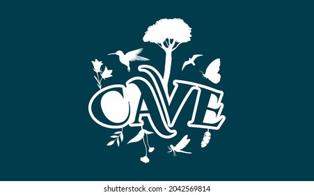 Creative Natural Logo Using Word Cave using elements Flower, Hummingbird, bird, Butterfly, Leaf and Dragonfly for adventure, tourism, entertainment, travel, water and food related business