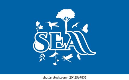 Creative Natural Logo Using Word Sea using elements Flower, Hummingbird, bird, Butterfly, Leaf and Dragonfly for adventure, tourism, entertainment, travel, water and food related business