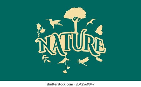 Creative Natural Logo Using Word Nature using elements Flower, Hummingbird, bird, Butterfly, Leaf and Dragonfly for adventure, tourism, entertainment, travel, water and food related business