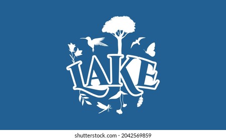 Creative Natural Logo Using Word Lake using elements Flower, Hummingbird, bird, Butterfly, Leaf and Dragonfly for adventure, tourism, entertainment, travel, water and food related business