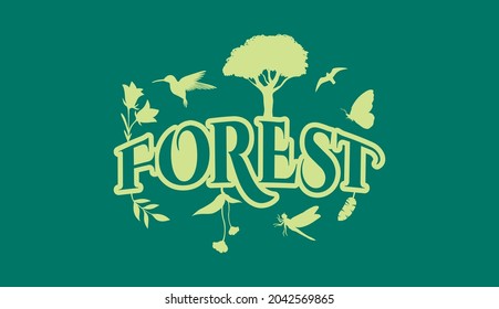 Creative Natural Logo Using Word Forest using elements Flower, Hummingbird, bird, Butterfly, Leaf and Dragonfly for adventure, tourism, entertainment, travel, water and food related business