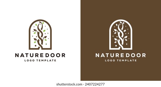 Logo de la puerta de la naturaleza creativa. Hojas de árbol de puertas con estilo minimalista. Plantilla de diseño de vectores de símbolos de símbolos de hojas naturales y de ventana.