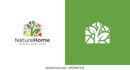 Logotipo de la casa de Naturaleza creativa. Hoja de árbol de la casa de la Naturaleza, planta, estilo de contorno lineal del árbol. Inicio Mosaico y Planta Icono Símbolo Vector Diseño Inspiración.