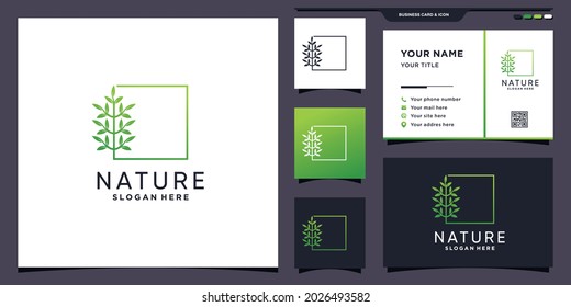 Creative nature tree logo with modern linear square concept and business card design Premium Vector