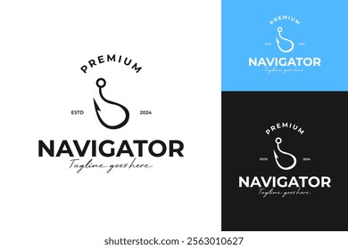 Creative navigator for fish hook logo design template vector illustration