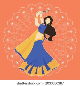creative Navratri day one, orange color background girl doing Graba, poster design, Indian girl playing Garba