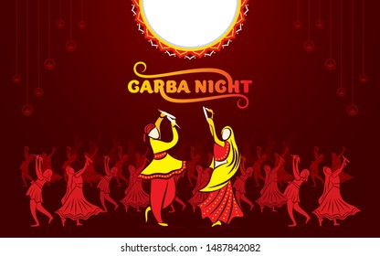 creative Navratri Graba mahotsav poster design, Indian couple playing Garba