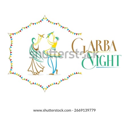 creative Navratri Graba Night poster design, Indian couple playing Garba.