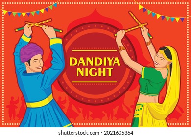 creative Navratri Graba poster design, Couple playing garba banner 