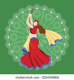 creativo Navratri segundo día, chica de fondo de color verde haciendo Graba, diseño de afiches, chica india jugando Garba