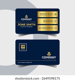 Creative Navy and Gold Business Card with Central QR Code Area