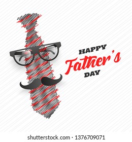 Creative necktie with eyeglasses and mustache illustration on white striped background for Happy Father's Day celebration. Can be used as greeting card design.