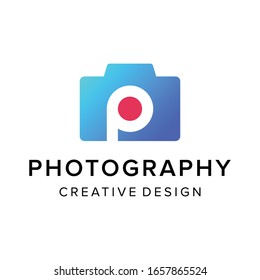 Creative negative space letter P and camera logo design vector