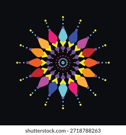 Kreatives Neon Mandala Design mit gepunkteten äußeren Strahlen und farbigen geometrischen Blütenblättern auf schwarzem Hintergrund