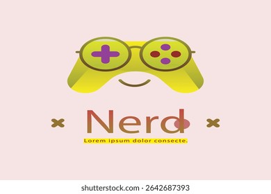 Creative nerd gamer logo with a yellow controller as glasses, purple buttons, and "Nerd" text on a soft pink background. Ideal for gaming channels or merch.