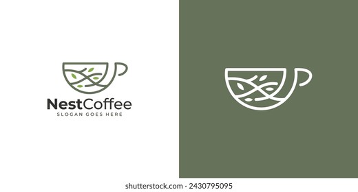 Logo del Café Creative Nest. Taza de café y nido con estilo de contorno lineal. Plantilla de diseño vectorial de símbolo de icono de logotipo de café.