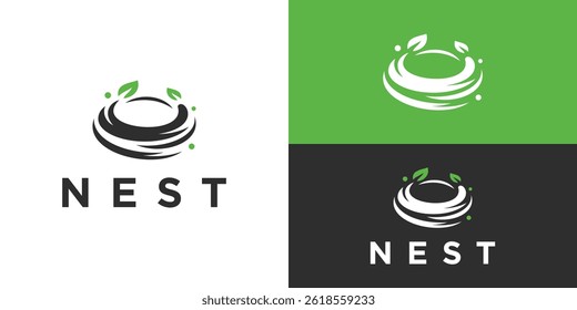 Creative nest logo template. Nest with leaf logo design vector illustration.