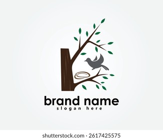 creative nestle, nest bird logo, birds are flying to their nests on trees and branches form a house, logo design inspiration