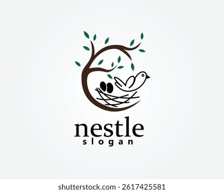 creative nestle, nest bird logo, bird and its nest on a circular tree, logo design template