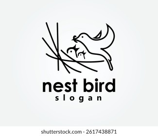 creative nestle, nest bird logo, mother bird feeding her two chicks in the nest, logo design inspiration