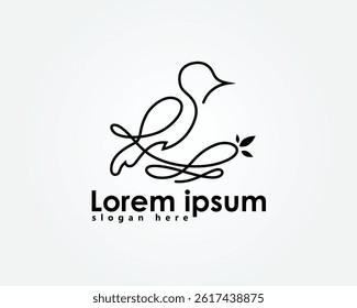 creative nestle, nest bird logo, bird and its nest with one line abstract concept equipped with three leaves in front, logo design inspiration