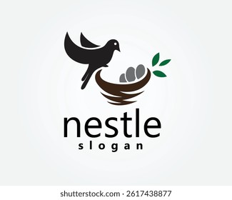 creative nestle, nest bird logo, abstract perch bird nest complete with three eggs in it, logo design template