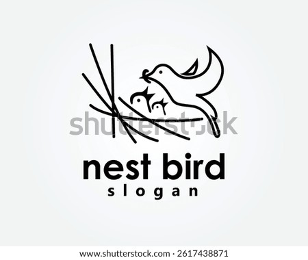 creative nestle, nest bird logo, mother bird feeding her two chicks in the nest, logo design inspiration