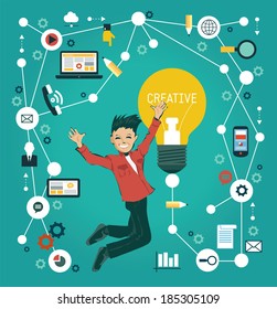 Creative network concept. Cartoon man surrounded by media icons.